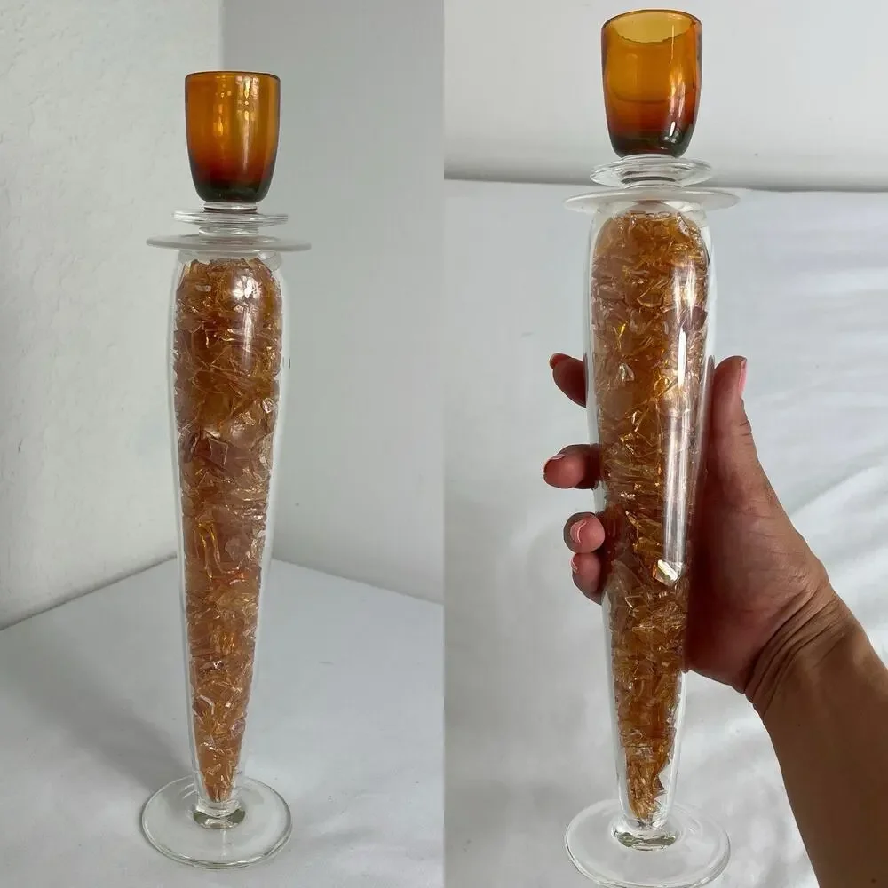 Shardz Refraction Wedding Glass Keepsake Candlestick Amber color, signed, modern